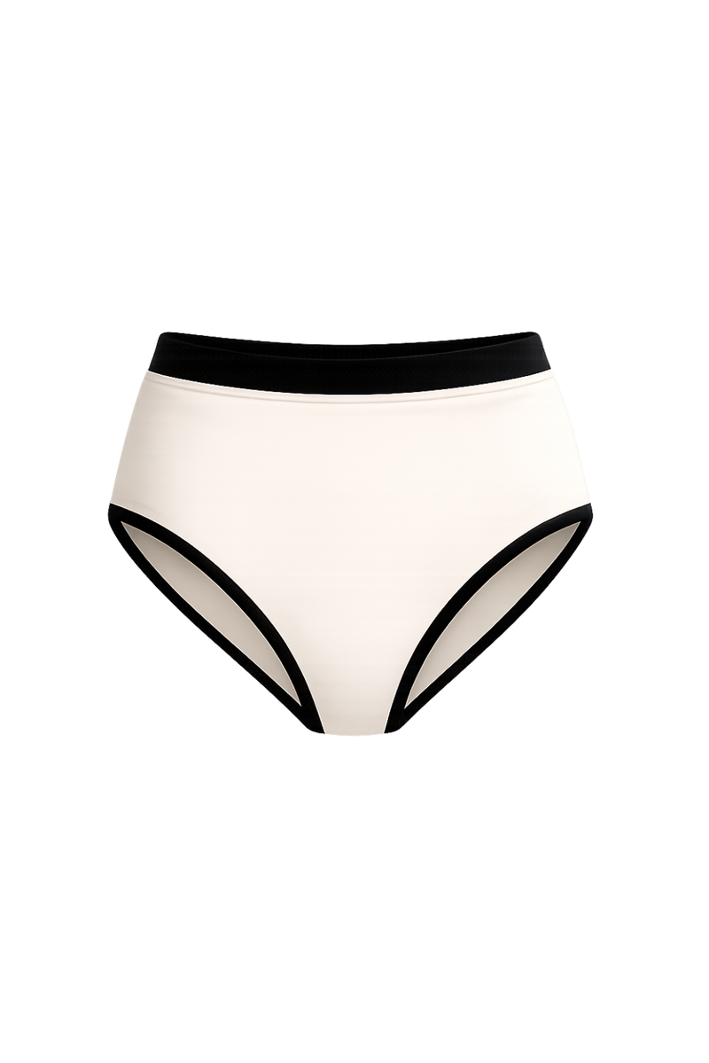 Image produit détourée du bas de maillot Monte Carlo en coloris Crème et Noir. Cette culotte taille haute présente une silhouette rétro et élégante, avec une base crème contrastée par une ceinture et des finitions noires pour un look raffiné et intemporel.