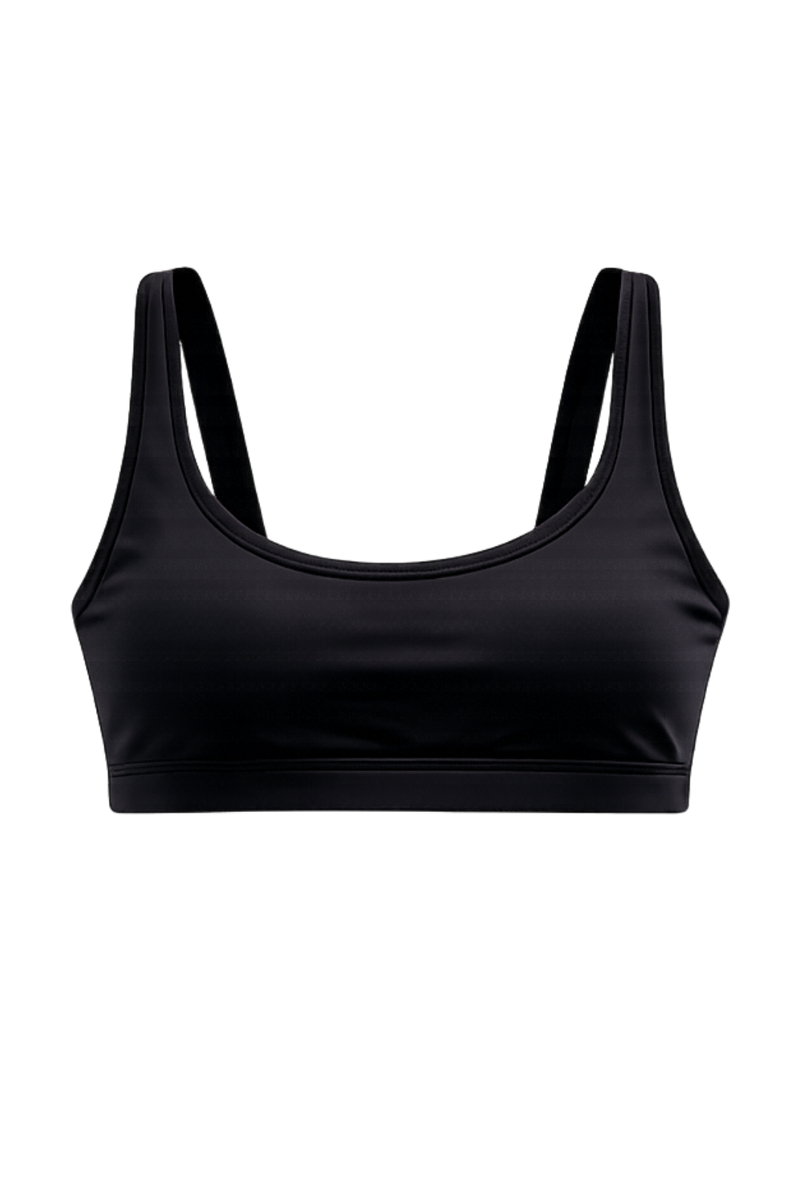 Image produit détourée du dos du haut de bikini compressif noir avec technologie MicroPerle® intégrée. Ce modèle présente une encolure arrondie, de larges bretelles pour un maintien confortable et une silhouette épurée inspirée d’un style balnéaire intemporel.
