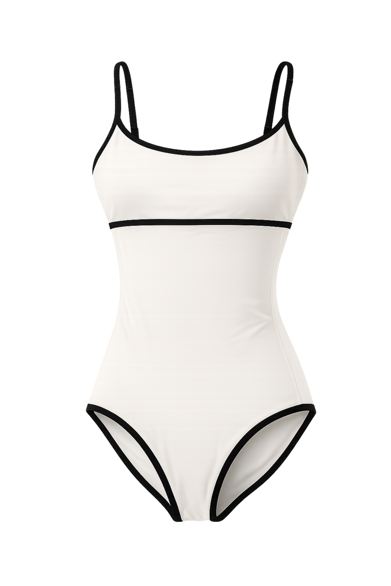 Image détourée du maillot une pièce compressif Monte Carlo crème et noir avec technologie MicroPerle® intégrée. Conçu pour offrir un soutien ciblé de la zone abdominale, une compression sculptante et une silhouette élégante inspirée de l’univers balnéaire haut de gamme.