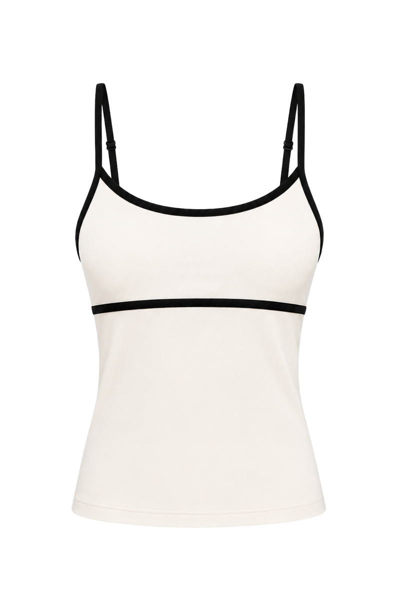 Image produit détourée du débardeur Monte Carlo crème et noir. Cette silhouette élégante présente de fines bretelles ajustables, un décolleté arrondi et des détails contrastés noirs qui soulignent les lignes du modèle pour un style balnéaire chic et intemporel.